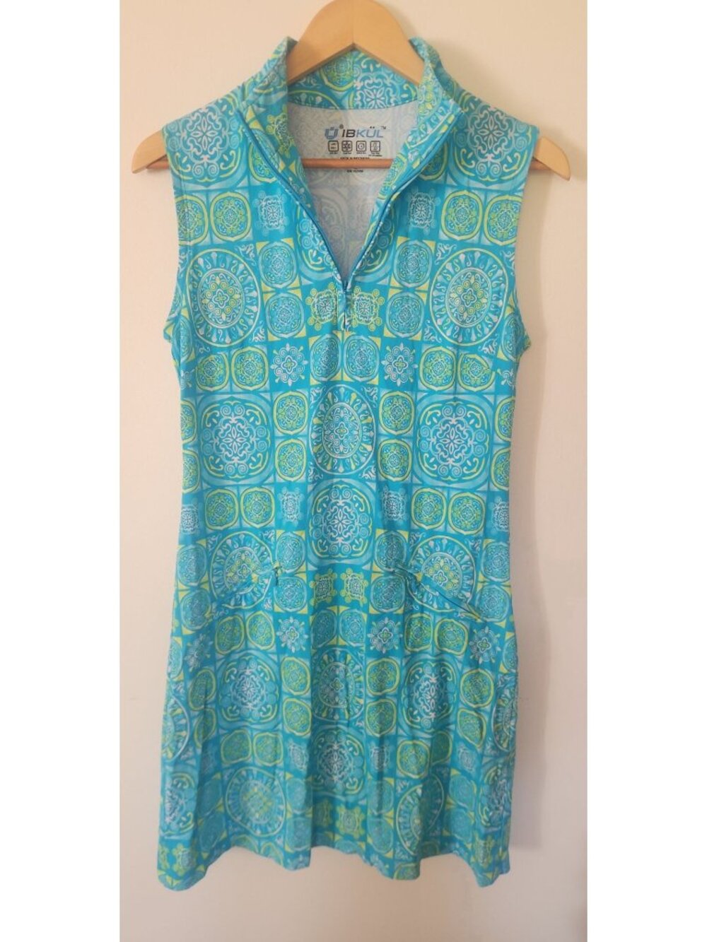 IBKUL Women's Sz. S Colette Print Sleeveless Mock Dress In Blue Green